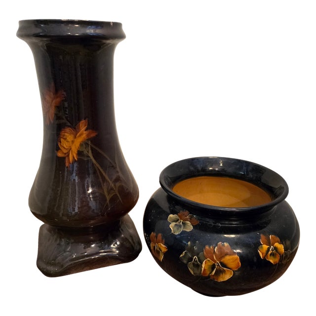 Antique Weller Pottery Plant Pot and Pedestal Planter, 2 Pieces For Sale