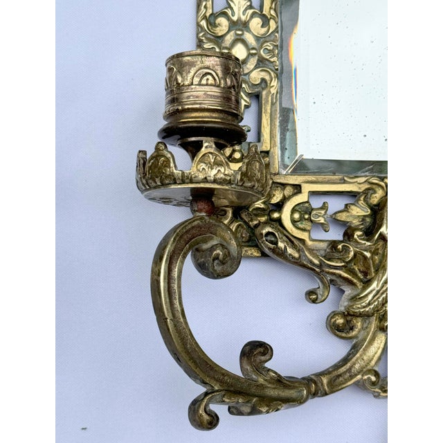 Metal Pair of Mid 19th Century Renaissance Revival Brass Wall Sconce Mirrors For Sale - Image 7 of 8