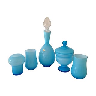 Italian 1950s Blue Opaline Vanity Set For Sale