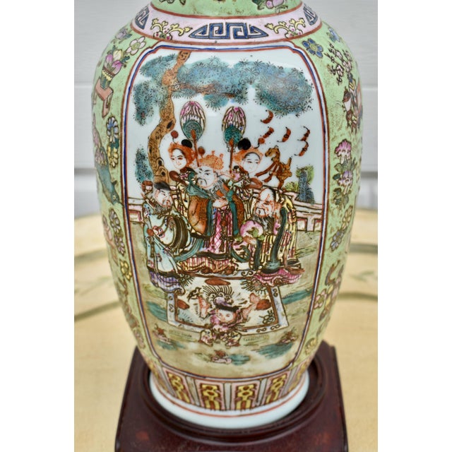 Vtg. Figural Raised Painted Chinese Vase W/Rosewood Stand For Sale - Image 10 of 15