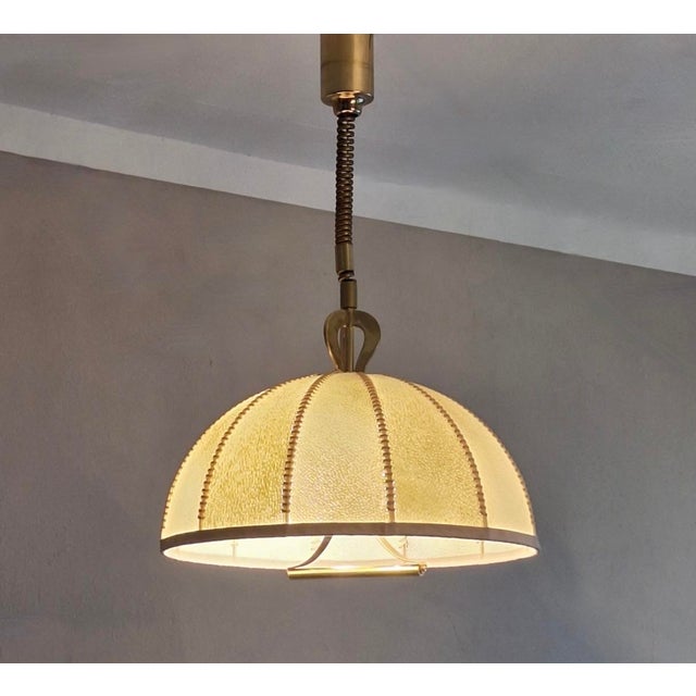 Large Leather, Vellum and Brass Cocoon Chandelier, Italy, 1950s For Sale - Image 9 of 9