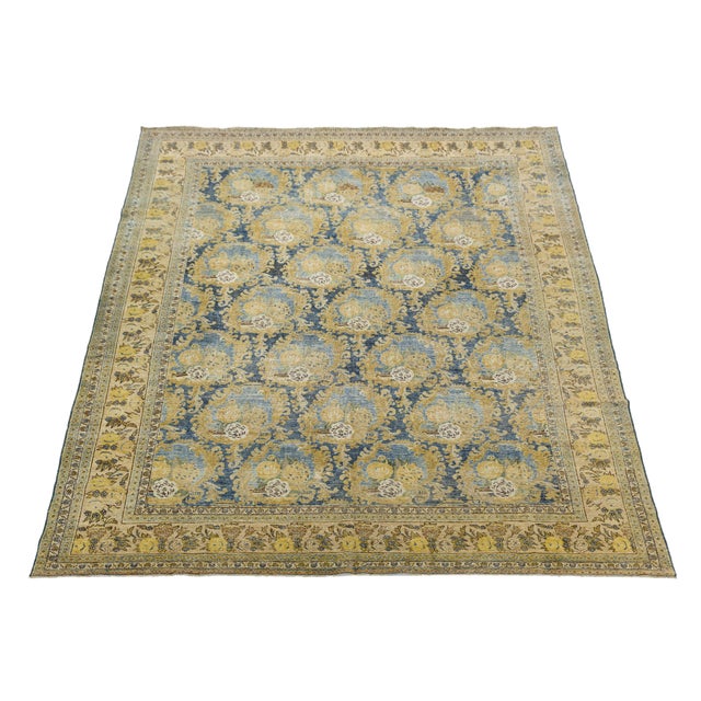 Antique Mahal Rug With Muted Ochre and Indigo Blue Floral Medallions For Sale - Image 10 of 12
