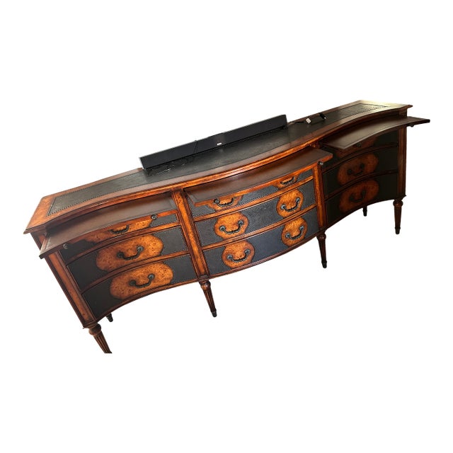 Late 20th Century Theodore Alexander Large Curved Sideboard / Credenza – Burl Wood & Embossed Metal Insets For Sale