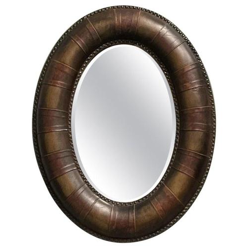 Oval Studded Brown Leather Cushion Wall Mirror For Sale - Image 9 of 9
