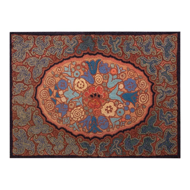 1920s Multicolor Floral Folk Art Antique American Hooked Rug 2'6" X 3'6" Handknotted Wool Carpet For Sale