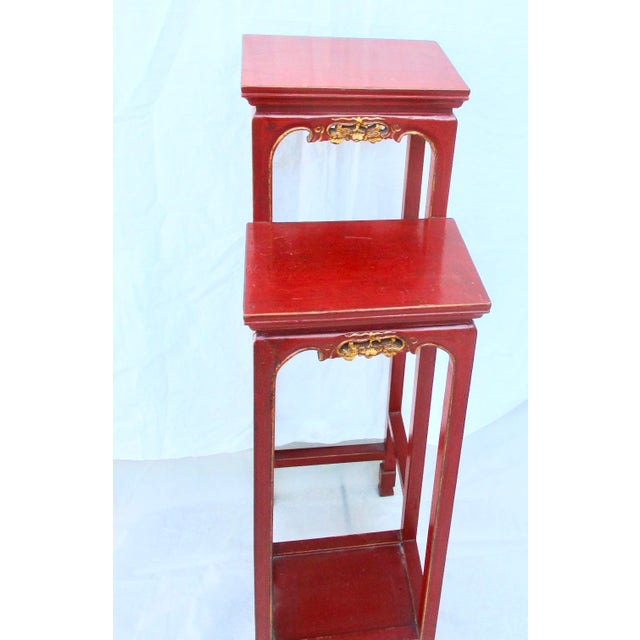 Early 20th Century Chinese Red Lacquer Tall Plant Tables - A Pair of 2 For Sale - Image 5 of 17