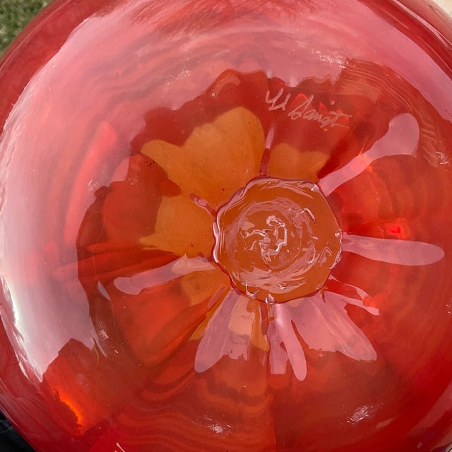 1980s Signed Large Orange Red Art Glass Vase With Silver Ribbon Trim For Sale In Reno/Lake Tahoe - Image 6 of 6