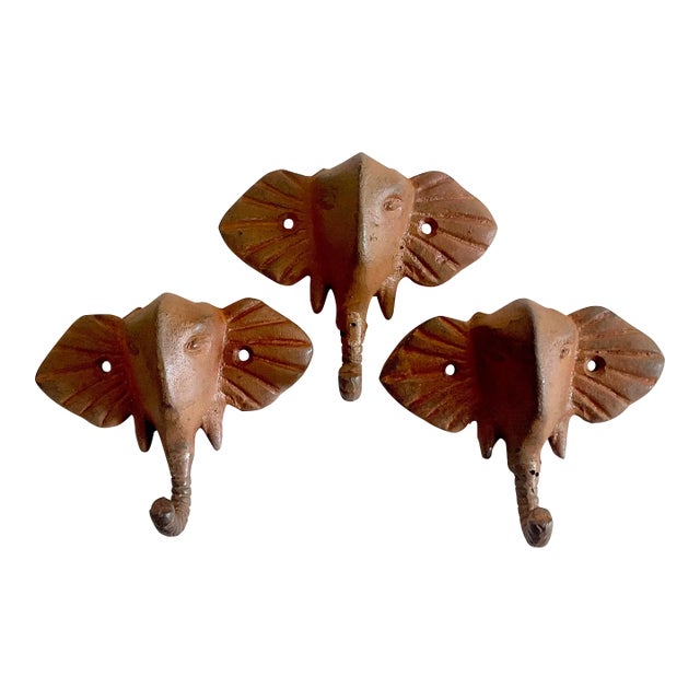 Vintage Safari Boho Chic Cast Iron Elephant Wall Hooks - Set of 3 For Sale
