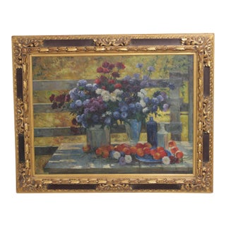 Large Oil on Canvas Still Life Fruit & Flowers For Sale