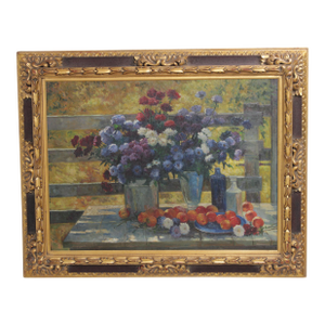 Large Oil on Canvas Still Life Fruit & Flowers