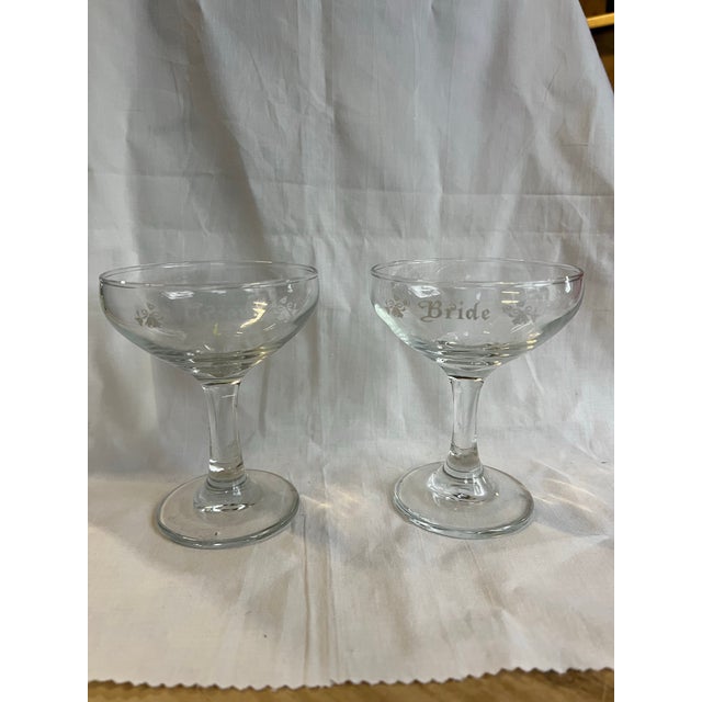 1970s Bride and Groom Etched Champagne Glasses - a Pair For Sale - Image 9 of 9