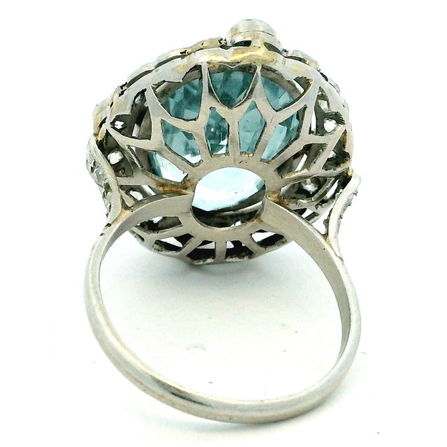 1930s Art Deco Platinum Aquamarine Diamond Halo Ring, 10 Ct, Size 8 For Sale - Image 10 of 14