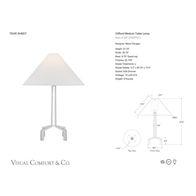 Marie Flanigan by Visual Comfort Signature Clifford Medium Table Lamp in Plaster White with Linen Shade Designer: Marie...