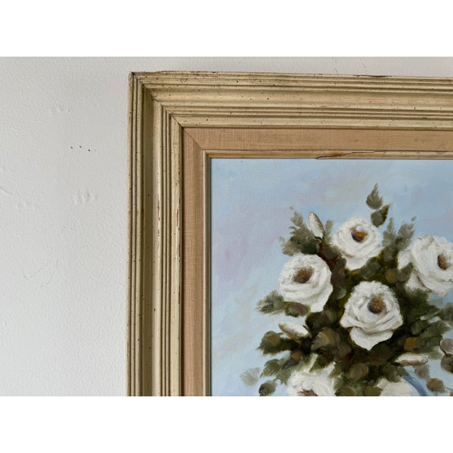 Vintage J. Melvin Still Life of White Roses in a Vase Oil Painting, Framed For Sale In Miami - Image 6 of 12