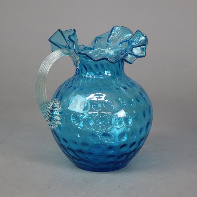 Antique Ariel Blue Coinspot Ruffle Top Glass Water Pitcher, Circa 1900 For Sale - Image 6 of 11