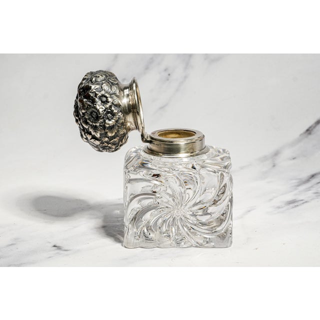Magnificent Antique Victorian Sterling Silver Repoussé Floral & Swirl Crystal Desk Paperweight Inkwell Luxury Home Decor For Sale - Image 9 of 14