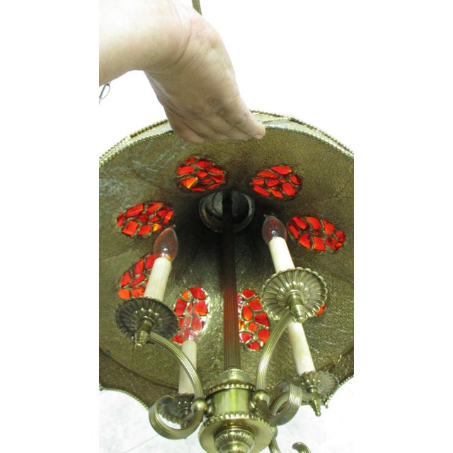 Vintage Spanish Regency Brass Jeweled Hanging Lamp Chandelier For Sale - Image 10 of 11