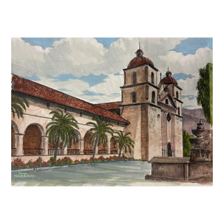 Don Harrah Old Mission Santa Barbara Hand Colored Lithograph For Sale