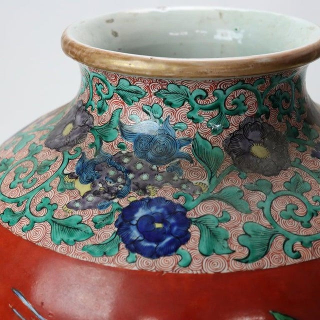 Red Antique Japanese Meiji Aesthetic Figural & Floral Pottery Vase With Heron C1900 For Sale - Image 8 of 11