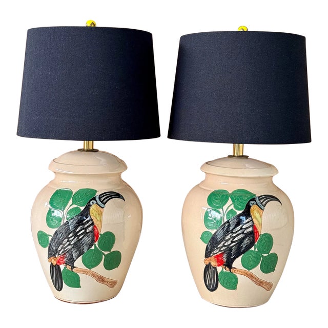 Pair of 1970s Glazed Pottery Toucan Table Lamps With Black Shades and Whimsical Finials For Sale