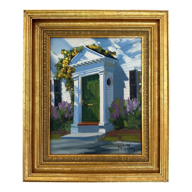 Late 20th Century Original Line Tutwiler Oil Painting - Side Profile Greek Revival Porch With Green Door For Sale