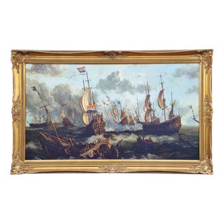 E. Ponthier, Maritme Anglo-Dutch Naval Battle, Mid-20th Century, Oil Painting on Canvas, Framed For Sale