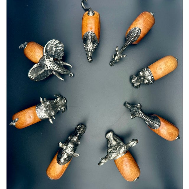 1980s Vintage 1980s Makoulpa South African Pewter & Wood Safari Animal Napkin Rings – Set of 8 For Sale - Image 5 of 18