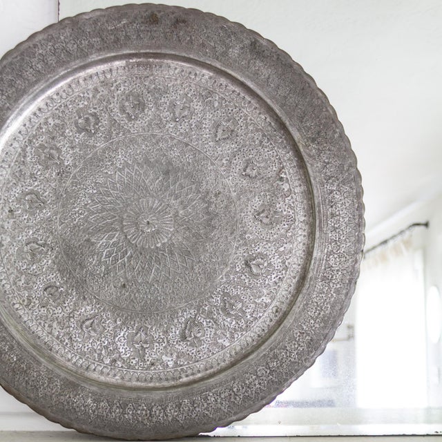 Tin on Copper Hand Engraved Round Ghalamzani Persian Tray For Sale - Image 10 of 11