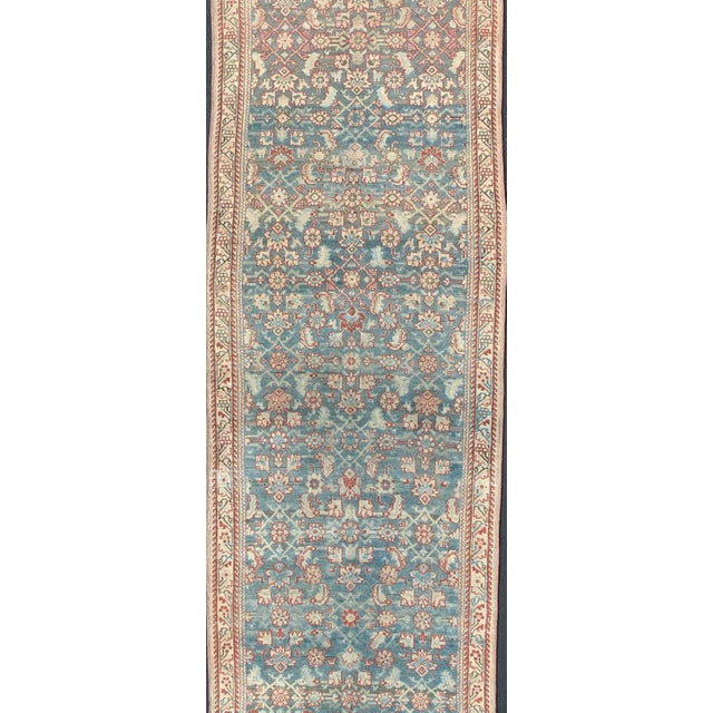 Tribal Blue and Red Antique Persian Malayer Long Runner With Sub Geometric Motifs 3'5 X 16'3 For Sale - Image 3 of 12