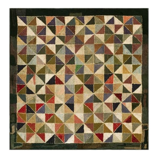 1930s Multicolor Geometric Folk Art Antique American Hooked Rug 6' X 6' Woven Wool Carpet For Sale