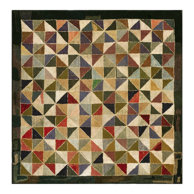 1930s Multicolor Geometric Folk Art Antique American Hooked Rug 6' X 6' Woven Wool Carpet For Sale