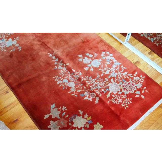 Handmade antique Art Deco Chinese rug in bright orange color. The rug is in original good condition, made in the beginning...