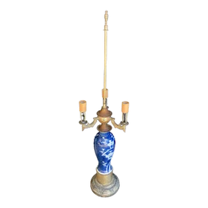 Antique Japanese Porcelain Table Lamp in Blue and White Cherry Blossom