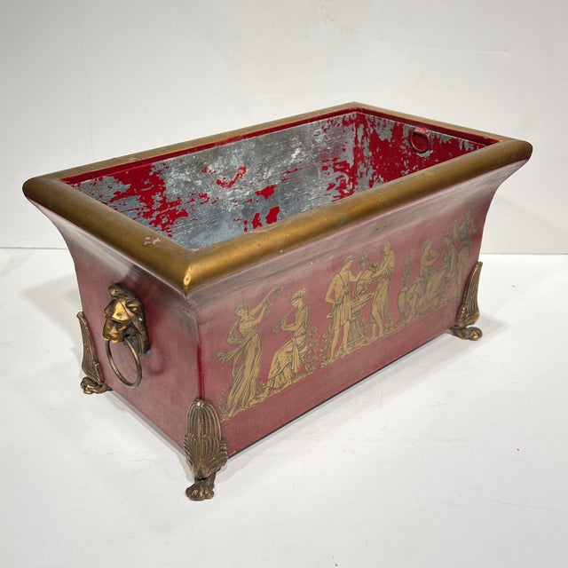 Pair Vintage Greek / Roman Neoclassical Red Painted Tole and Bronze Jardinieres For Sale - Image 12 of 12