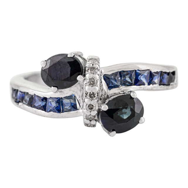 Artfully Crafted 925 Sterling Silver Blue Sapphire and Diamond Bypass Ring - Size 7.5 For Sale