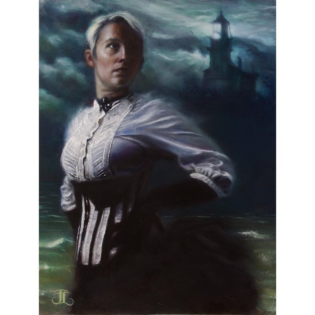 In "A Midnight Tryst," a figure stands poised against a dramatic seascape, illuminated by the eerie glow of a distant...