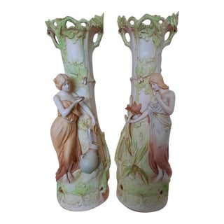 Antique Royal Dux Bohemia Art Nouveau Porcelain Nymph Vases, Pair - C. 1920s For Sale