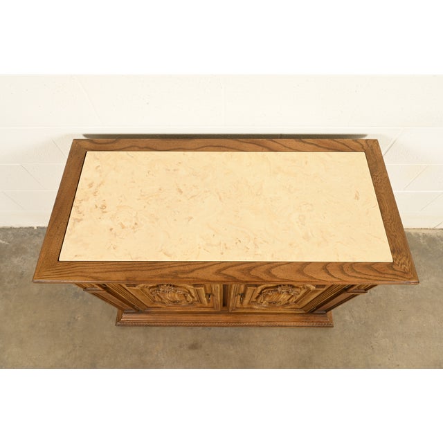 French Regency Louis XVI Carved Pecan Wood Marble Top Sideboard Buffet or Bar Cabinet by Stanley, Circa 1960s For Sale - Image 10 of 13