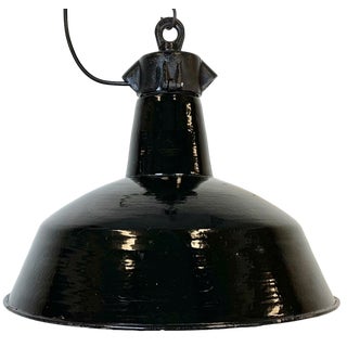 Industrial Black Enamel Factory Lamp with Cast Iron Top from Elektrosvit, 1950s For Sale