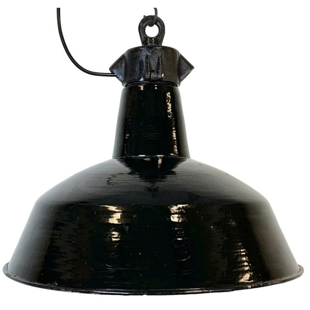 Industrial Black Enamel Factory Lamp with Cast Iron Top from Elektrosvit, 1950s For Sale