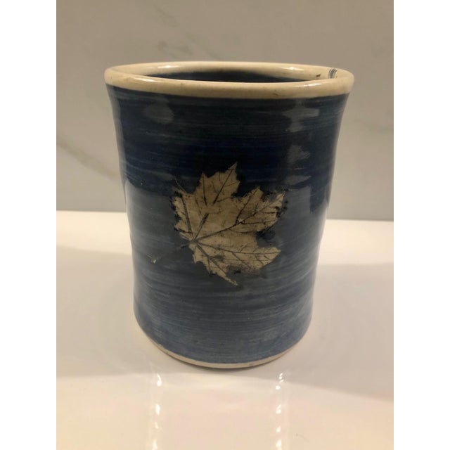 Abstract Blue Glaze Maple Leaf Utensil Holder / Vase, Signed For Sale - Image 3 of 8