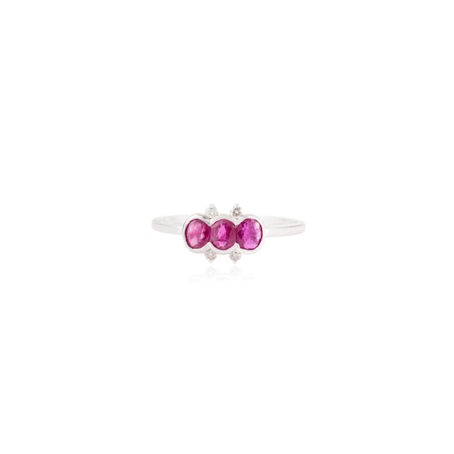 Contemporary Natural Ruby & Diamond Three Stone Stackable Bezel Band Size 5.5 in 14k White Gold For Sale - Image 3 of 13