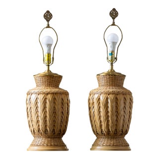 Large 1970s Bohemian Modern Woven Wicker Urn Lamps - A Pair For Sale