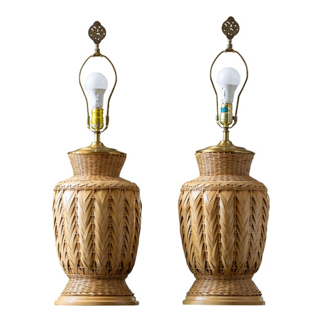 Large 1970s Bohemian Modern Woven Wicker Urn Lamps - A Pair For Sale
