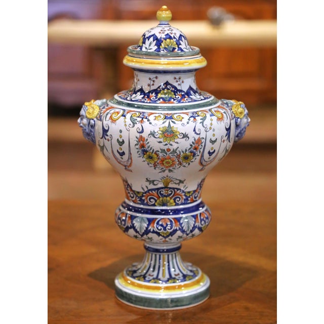Late 19th Century 19th Century French Rouen Revival Faience Covered Urn With Ram Masks For Sale - Image 5 of 11