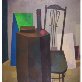 Ev Grüger, Interior with Chair and Geometric Figures, 1958, Oil on Canvas, Framed For Sale