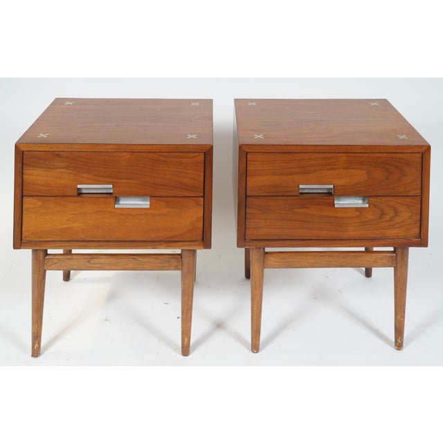 Merton Gershun for American of Martinsville Mid Century X Inlay Walnut Nightstands . A very rare set of nightstands will...