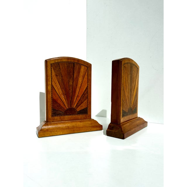 Brown Vintage Art Deco Wooden Bookends with Sunburst Inlays, Germany, 1930s, Set of 2 For Sale - Image 8 of 16