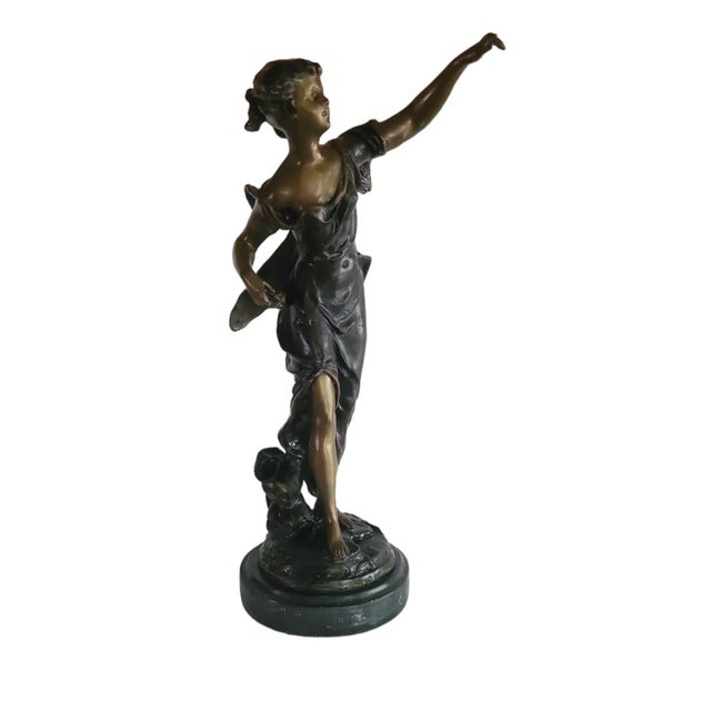 Art Nouveau Emile Bruchon Spelter "L'Orage" Sculpture on Marble Base - Signed - For Sale - Image 3 of 12