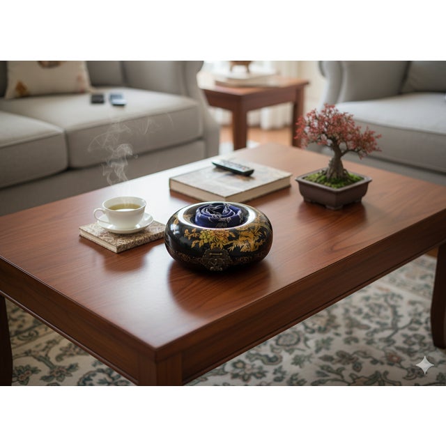 Black Oriental Black Flower Bird Graphic Donut Shape Container Box For Sale - Image 8 of 9